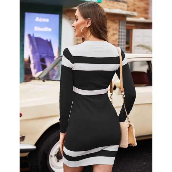 Women Colorblock Striped Long Sleeve Cotton Black Sweater Bodycon Dress - Picture 3 of 6